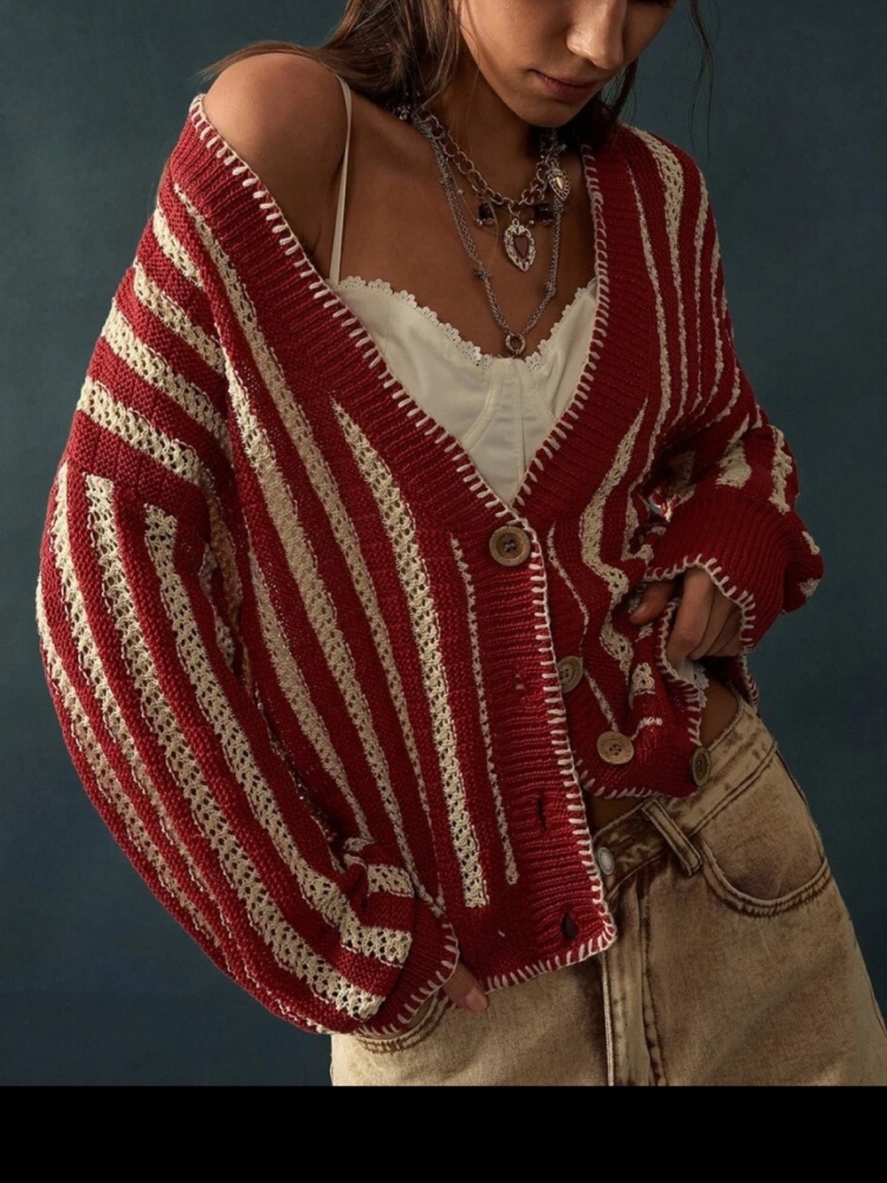 Cozy Striped V-Neck Cardigan Sweater - Red/Cream NWT